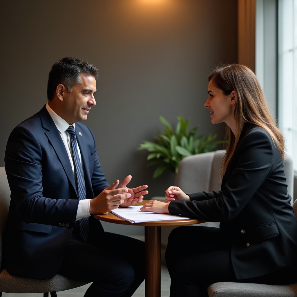 Colloquio tra due professionisti in un ambiente professionale luminoso