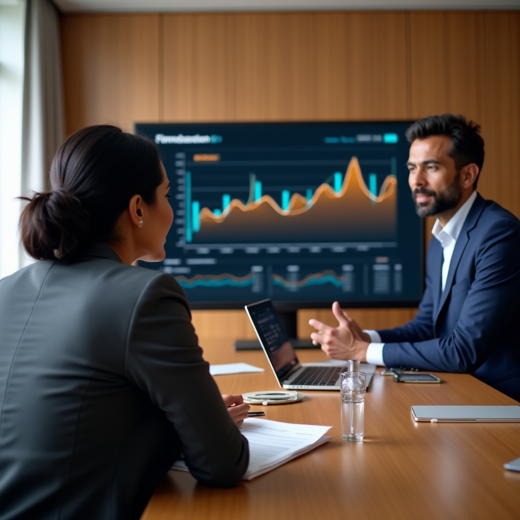 Consulenti analizzano una dashboard di dati e-commerce durante un meeting