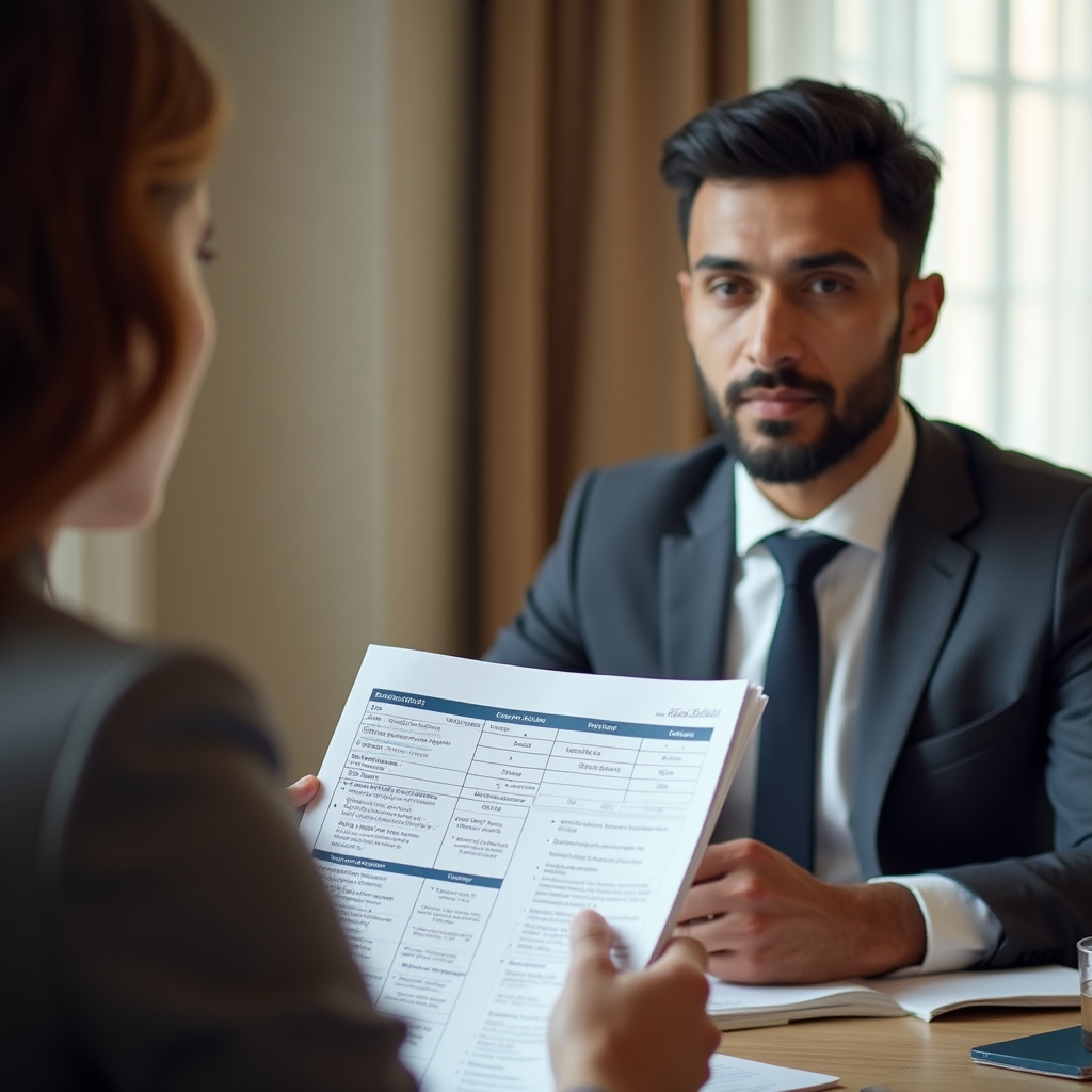 Consulenti discutono un piano di lavoro in una sala riunioni con documenti e grafici