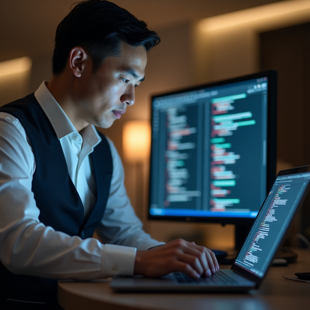 Consulente configura un sistema di tracciamento dati su un computer portatile